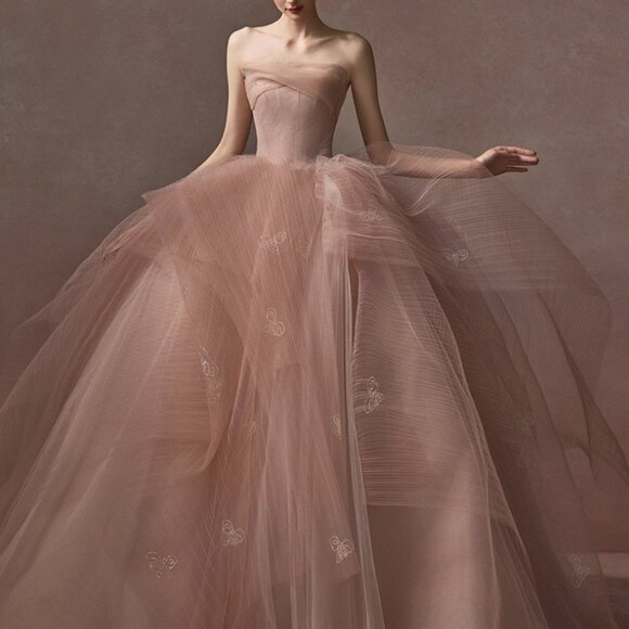 New Dusty Rose Ruffle Tulle Ballgown Strapless Prom/Debutante Dress - Picture 3 of 5